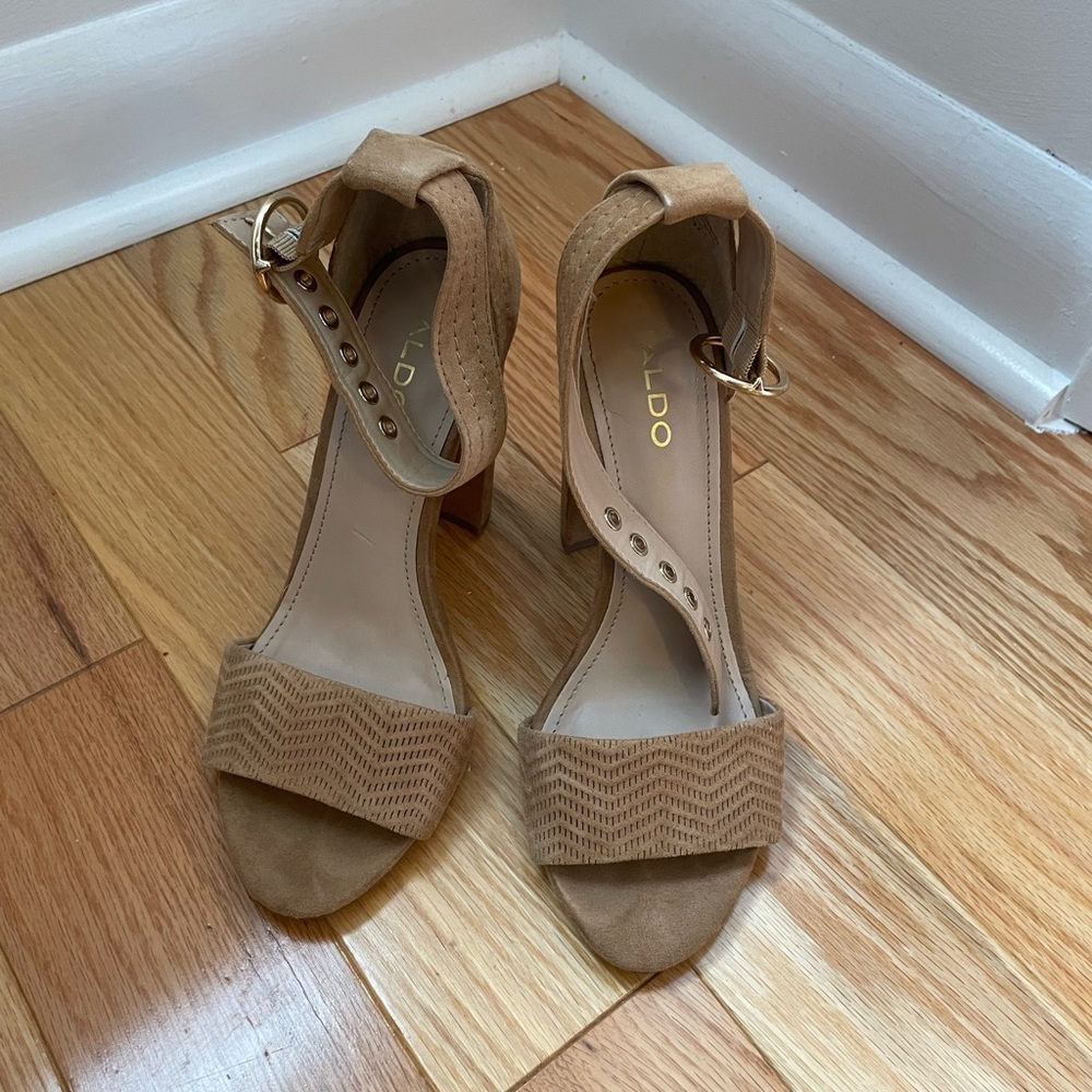 Tan, suede block heel pumps